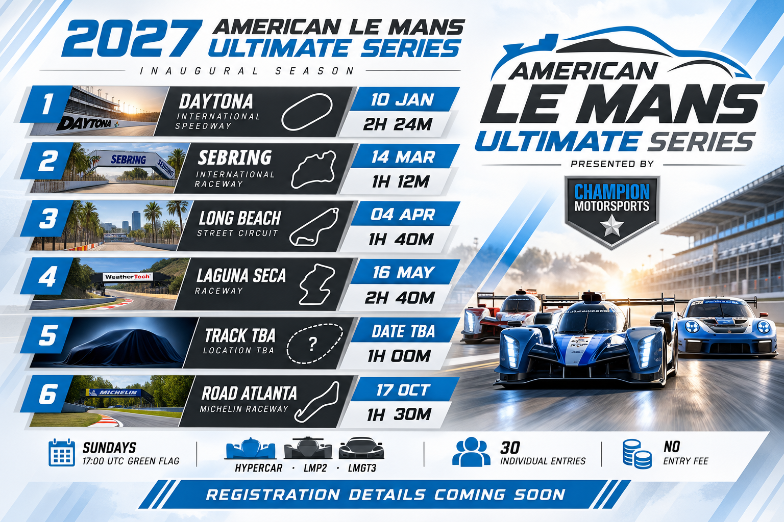 Light CMS-blue 2027 ALMUS poster: Daytona January 10 2h24; Sebring March 14 1h12; Long Beach April 4 1h40; Laguna Seca May 16 2h40; fifth venue/date to be announced 1h; Road Atlanta October 17 1h30; all Sunday starts 17:00 UTC.