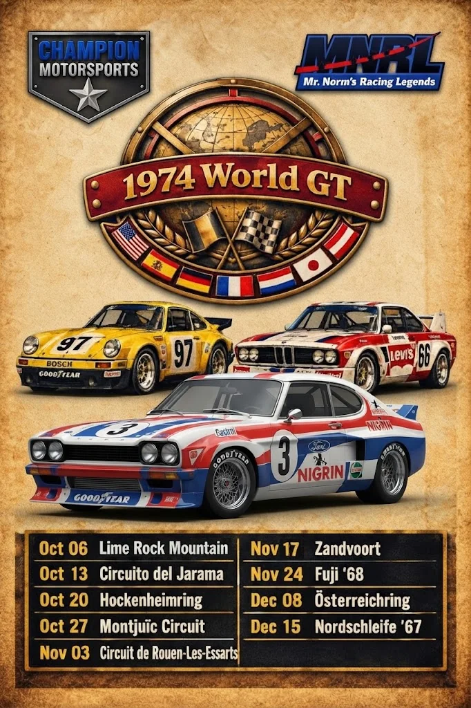 MNRL 1974 World GT championship poster showing the Porsche 911 RSR, BMW 3.0 CSL, Ford Capri RS, and the nine race dates